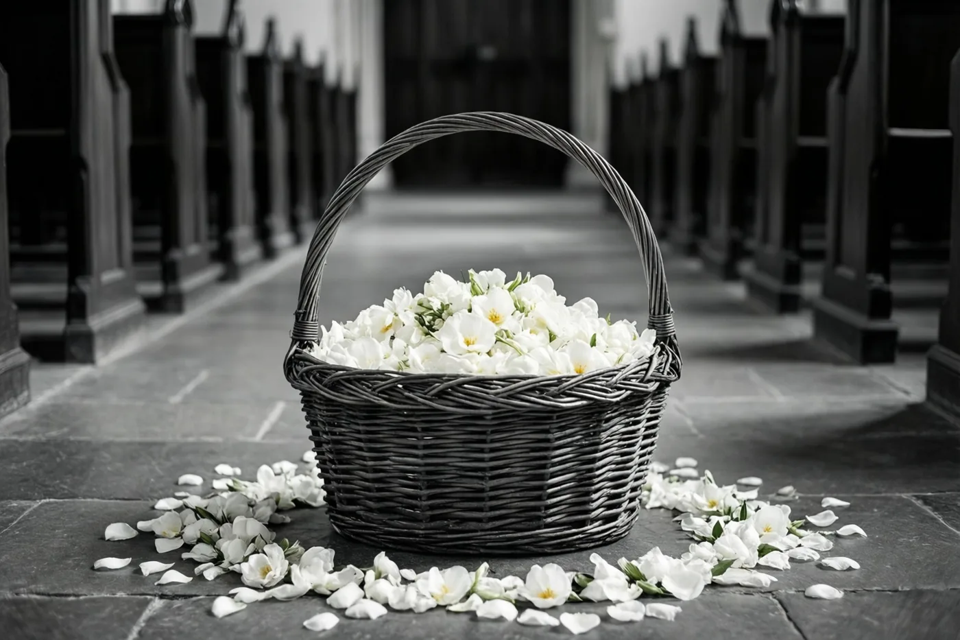 Een rieten mand met witte bloemen staat tussen losse bloemblaadjes op een stenen kerkvloer, met rijen banken op de achtergrond in zwart-wit.