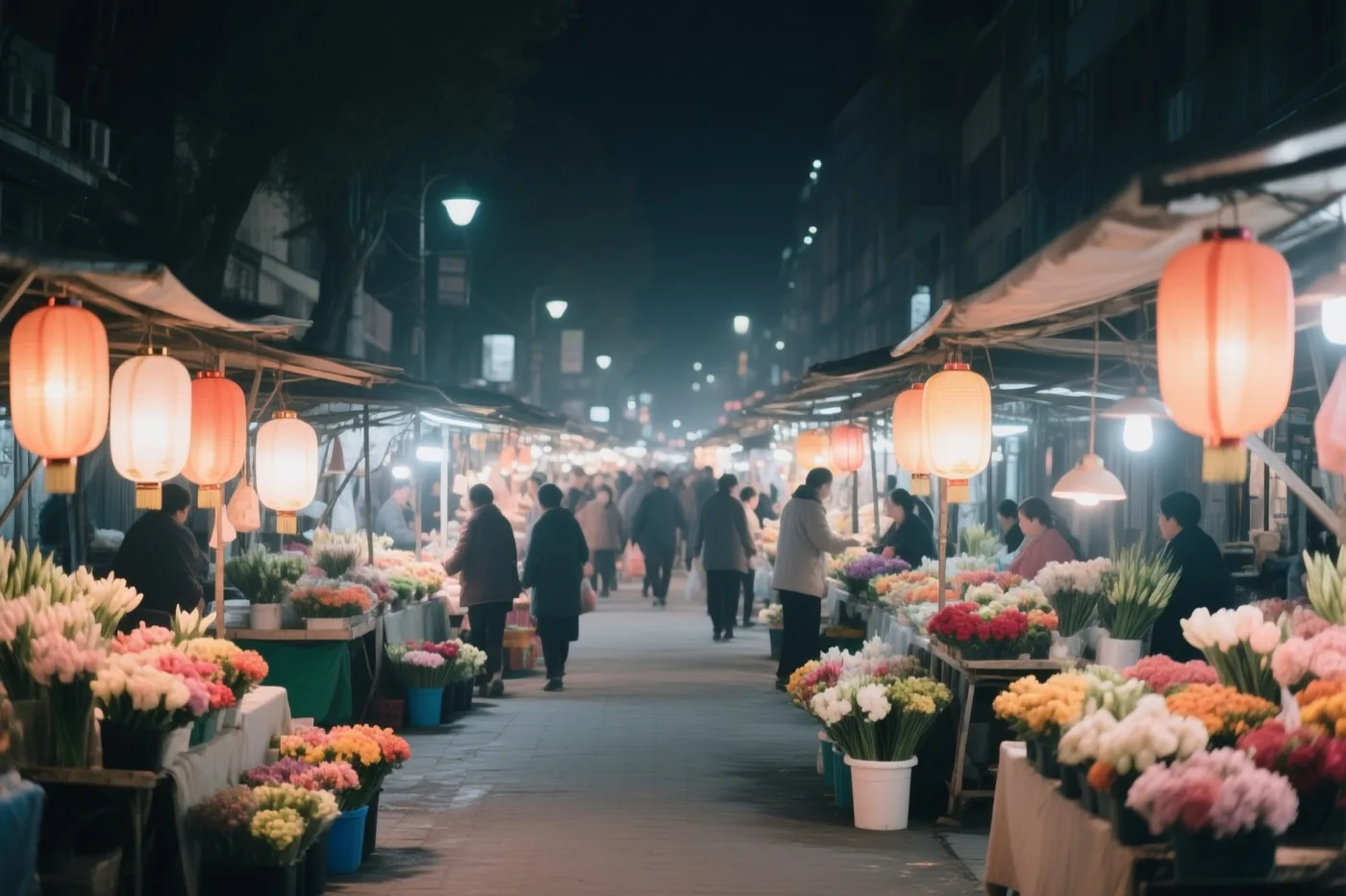 Een nachtelijke straatmarkt met kleurrijke bloemen aan de kramen wordt verlicht door papieren lantaarns in een decor van oranje, roze en wit.