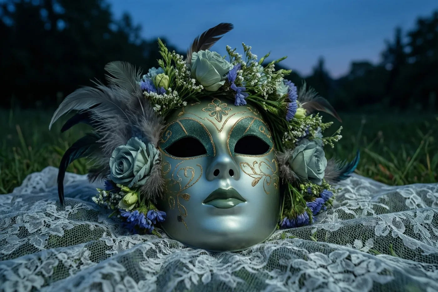 Een masker met verse bloemen en veren ligt buiten op een witte kanten doek in koele blauwe en groene tinten.