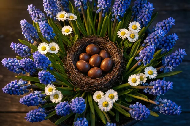 Zoete paaswensen tussen de bloemen
