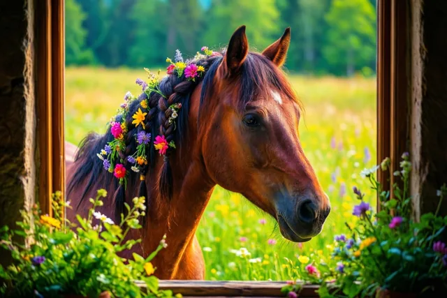 Een bloemenpaard zegt proficiat