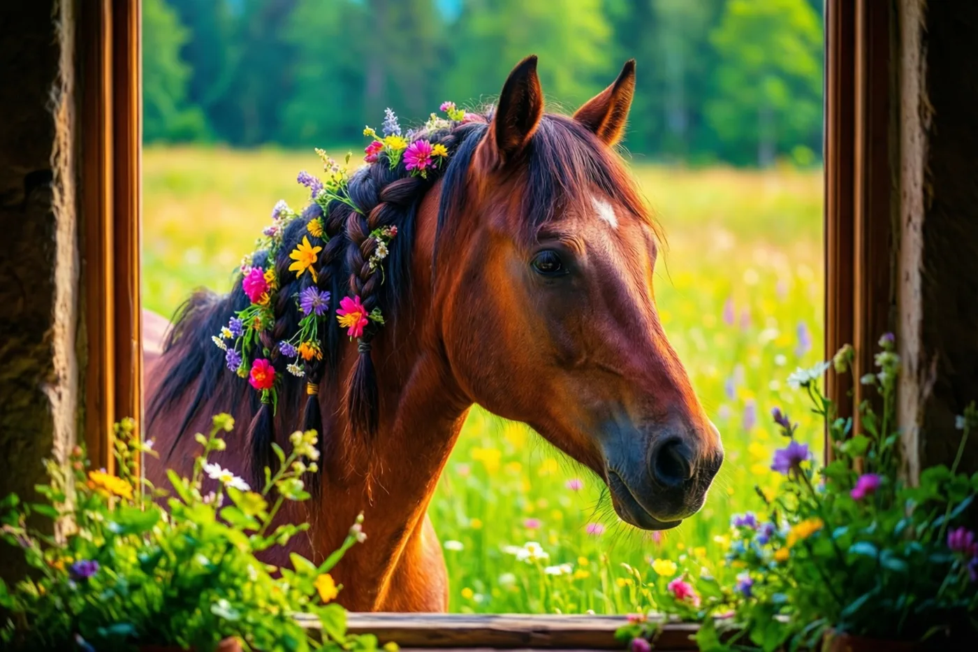 Een bruin paard met gevlochten manen vol kleurrijke bloemen kijkt door een houten raamkozijn naar een zonnige weide met wilde bloemen.
