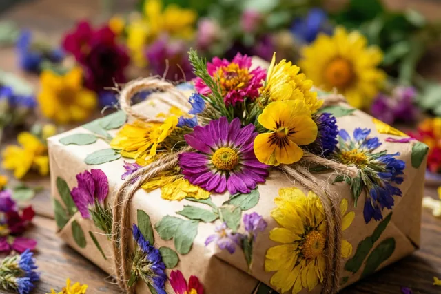 Een rechthoekig cadeau in bruin papier met touw en kleurrijke geperste bloemen ligt op een houten oppervlak met losse bloemen op de achtergrond.