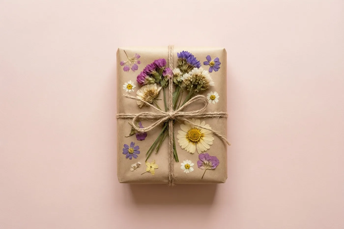 Een rechthoekig cadeau in bruin papier met touw en geperste bloemen ligt midden op een effen roze achtergrond.