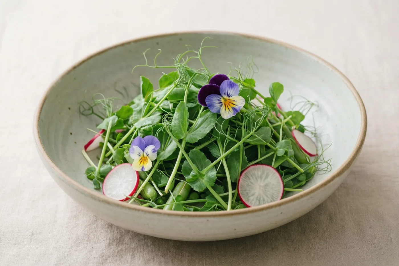 Een keramieken kom met een salade van erwtenscheuten, schijfjes radijs en eetbare bloemen staat op een lichte stoffen ondergrond, met groene, witte en paarse tinten.
