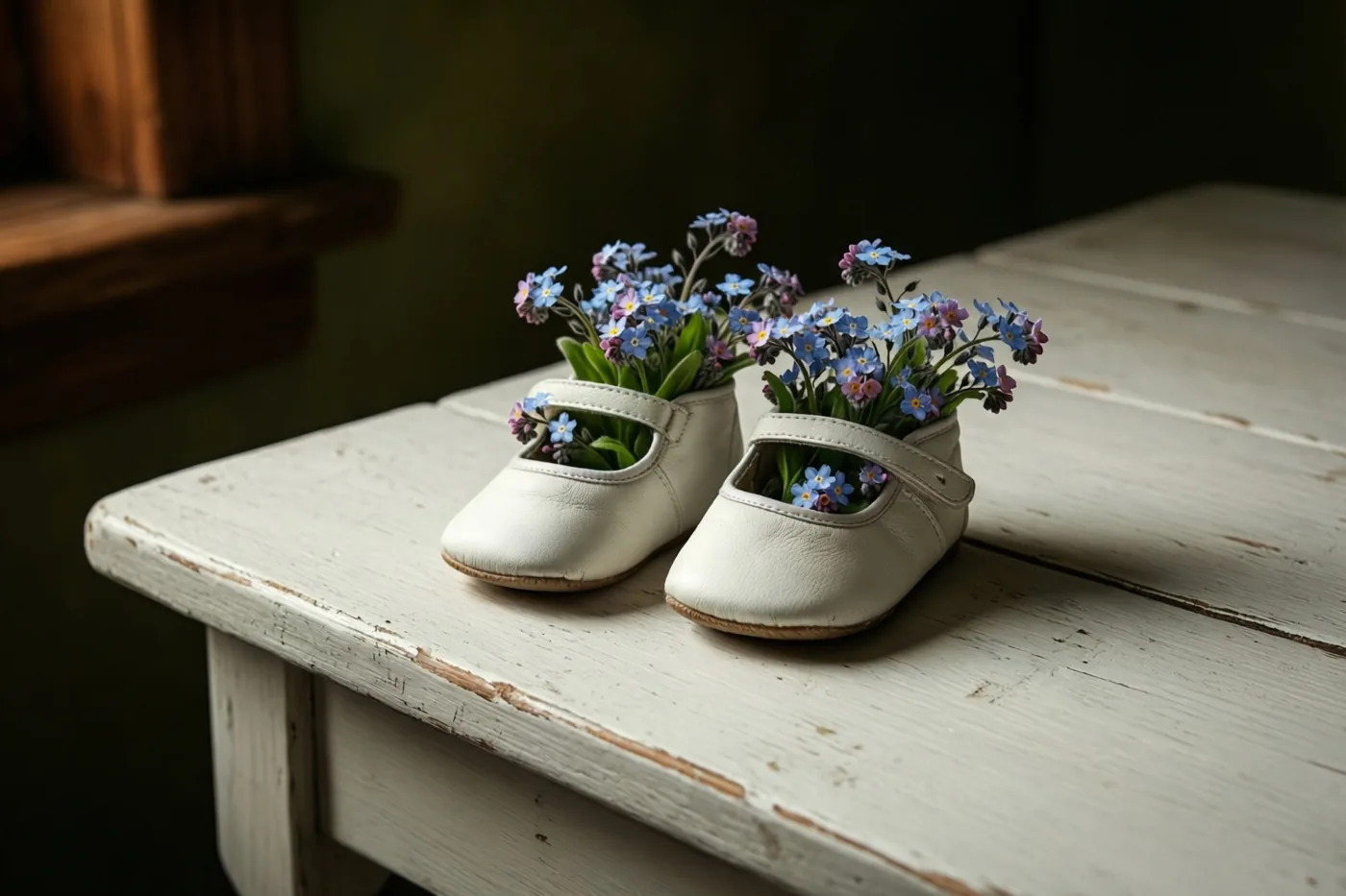 Witte babyschoentjes vol blauwe en paarse vergeet-mij-nietjes staan op een verweerde witte houten tafel in zacht, warm licht.