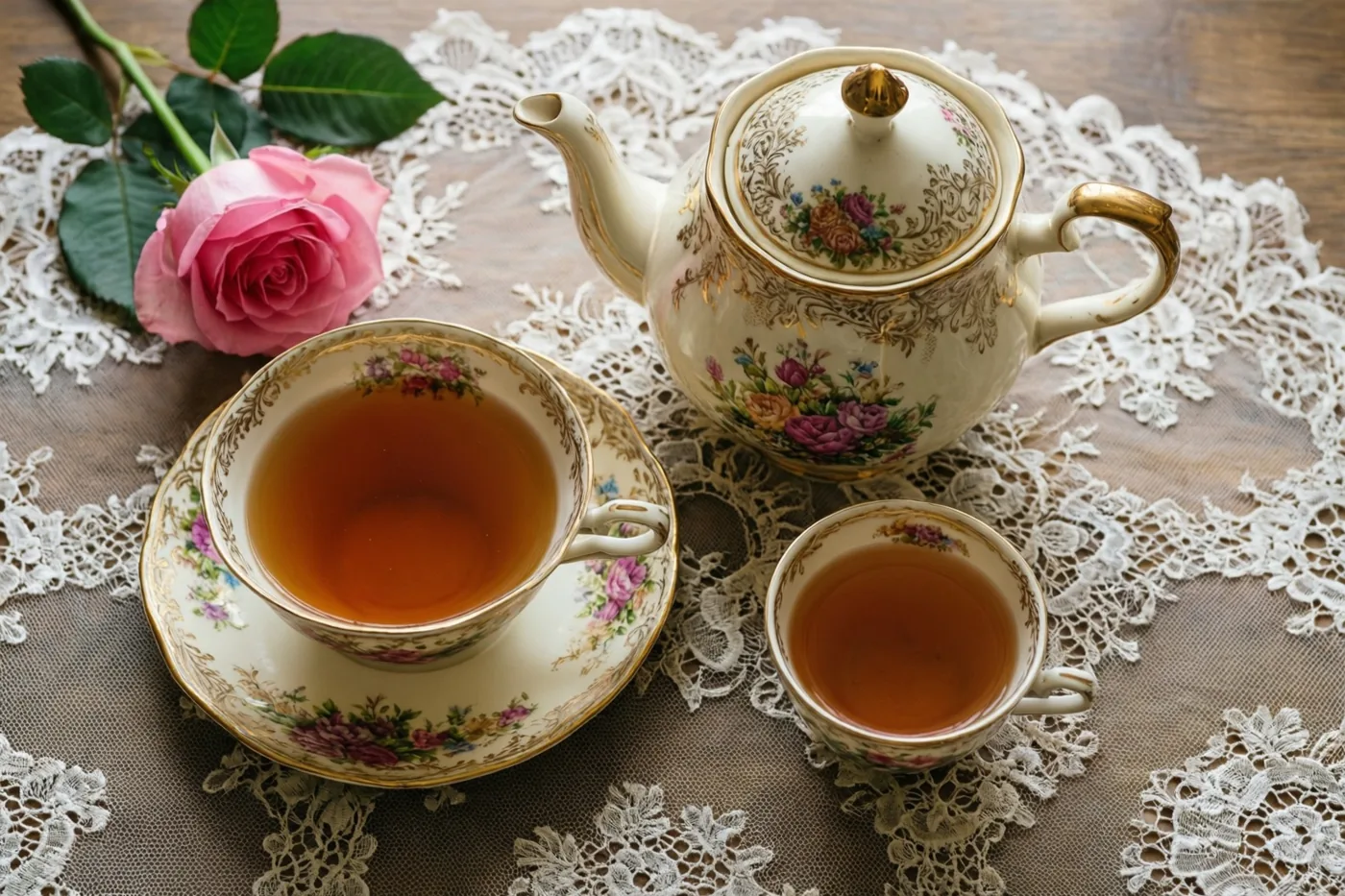 Een oud porseleinen theeservies met bloemmotieven en gouden randen, bestaande uit een grote en een kleine kop en een theepot met thee, staat op wit kant naast een roze roos.