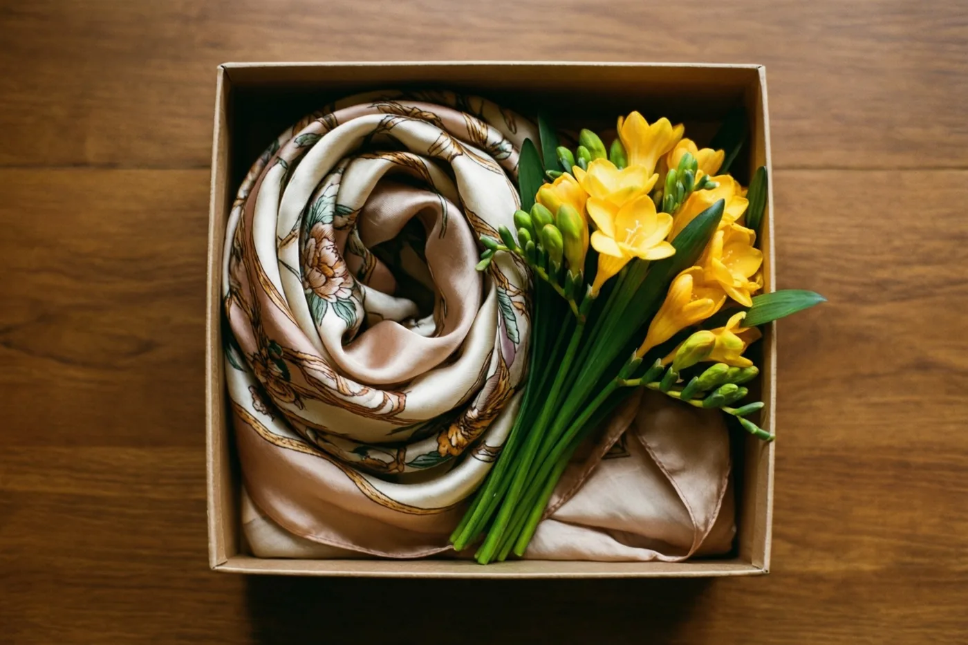 Van bovenaf is een geschenkdoos op een houten oppervlak te zien met een opgerolde zijden sjaal met bloemenmotief en een boeketje gele fresia's.