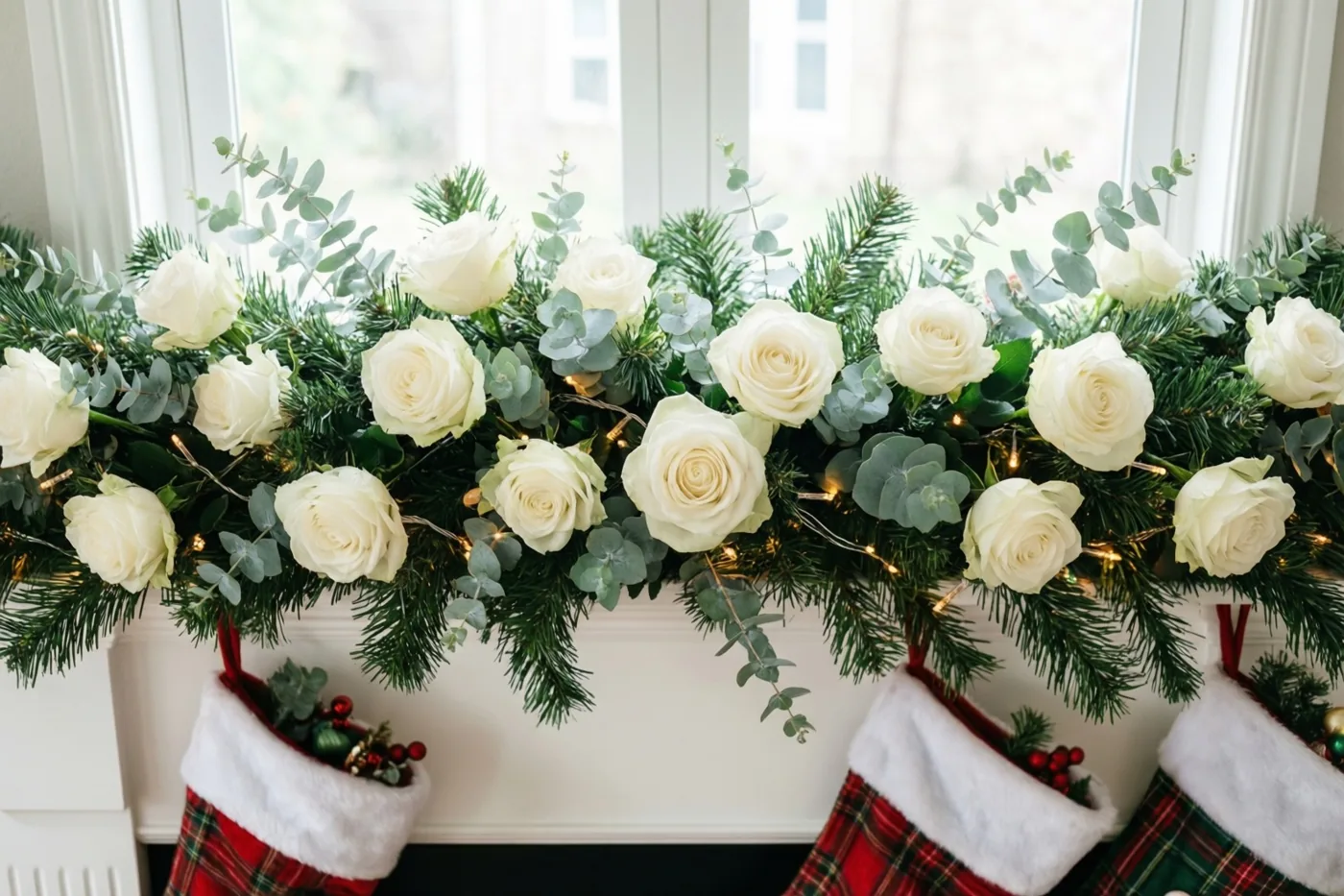 Een schouw draagt een slinger van witte rozen, eucalyptus en warme lichtjes, met drie roodgeruite kerstsokken met witte boorden voor een helder raam.
