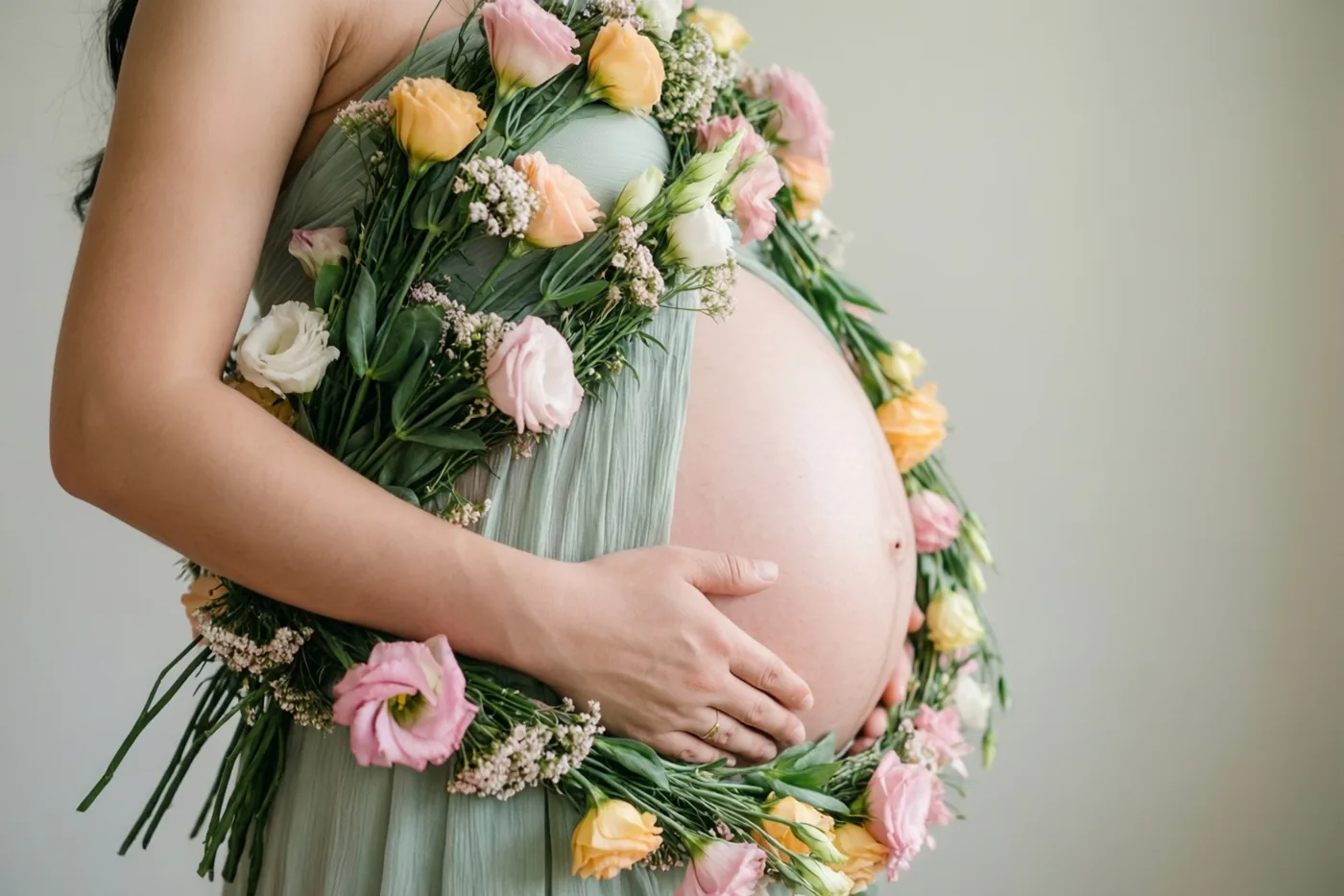 Een zwangere vrouw in een lichtgroene jurk is van opzij te zien met een slinger van roze, gele en witte bloemen rond haar buik tegen een lichte effen achtergrond.