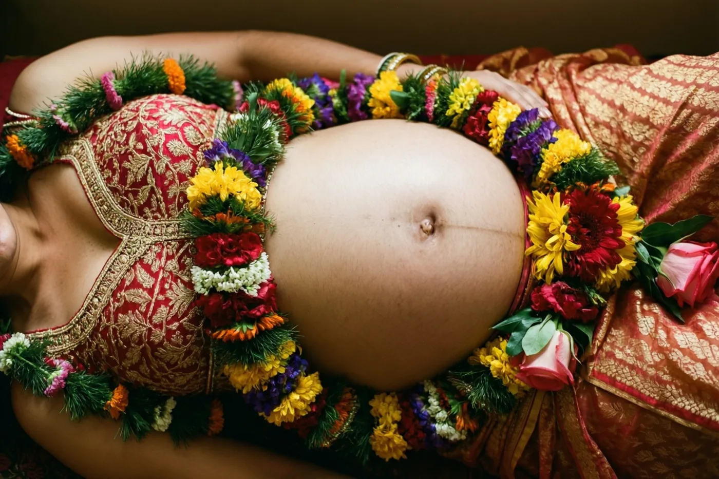 Een zwangere vrouw ligt op haar rug met een kleurrijke bloemenslinger op haar buik en draagt rood met goud geborduurde kleding in warm binnenlicht.