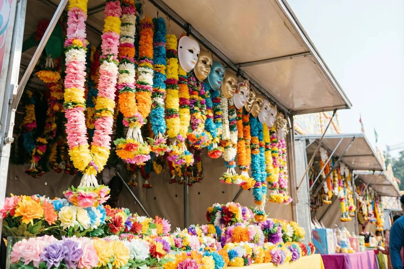 Onder een tent hangen kleurrijke papieren bloemenslingers aan het dak van een carnavalskraam, met decoratieve maskers erboven en opvallend roze, geel en blauw.