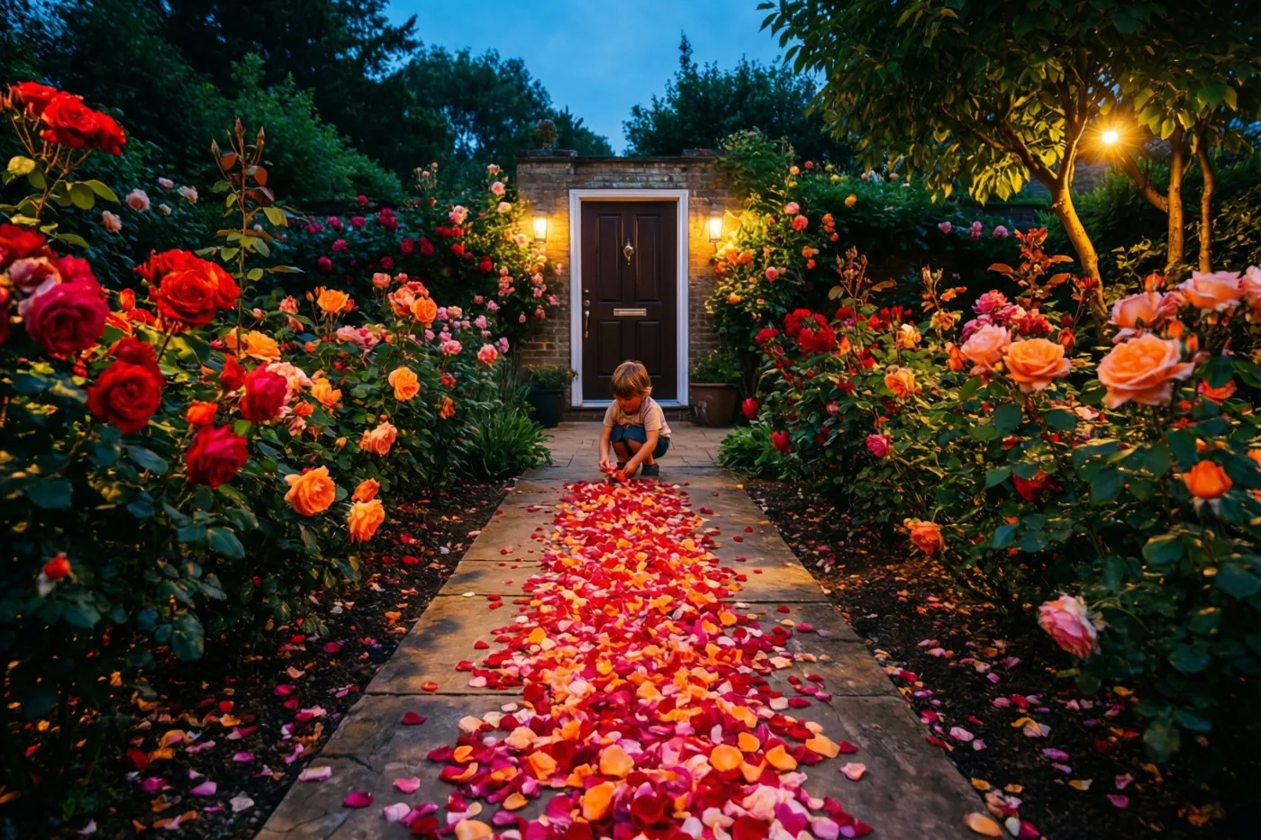 Een kind hurkt op een stenen tuinpad en schikt rode en oranje rozenblaadjes richting een voordeur in een rozentuin bij schemering met warme buitenverlichting.