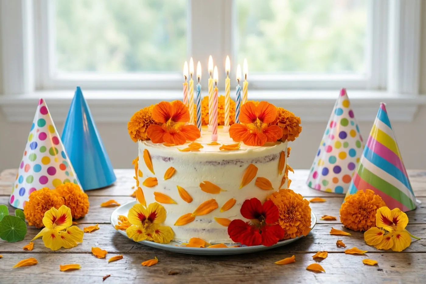Een verjaardagstaart met bloemblaadjes van afrikaantjes en bloemen van Oost-Indische kers staat bij een raam op een rustieke houten tafel tussen kleurrijke feesthoedjes en brandende kaarsen.