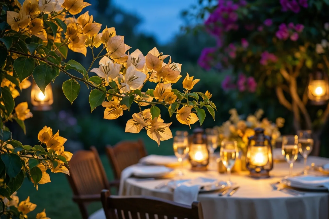 Een gedekte tuintafel staat onder bloeiende bougainvillea met gele en witte bloemen, verlicht door lantaarns tegen een diepblauwe schemerlucht.
