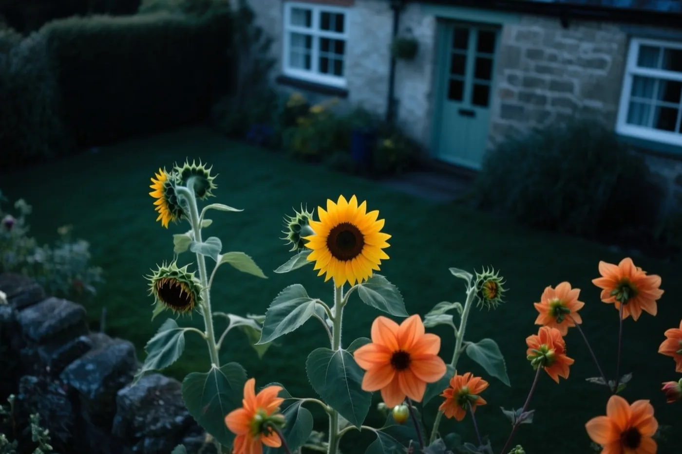 Verwelkende en zaadvormende zonnebloemen staan naast oranje dahlia's bij een stenen huisje met een groene deur en ramen in koel, gedempt licht.