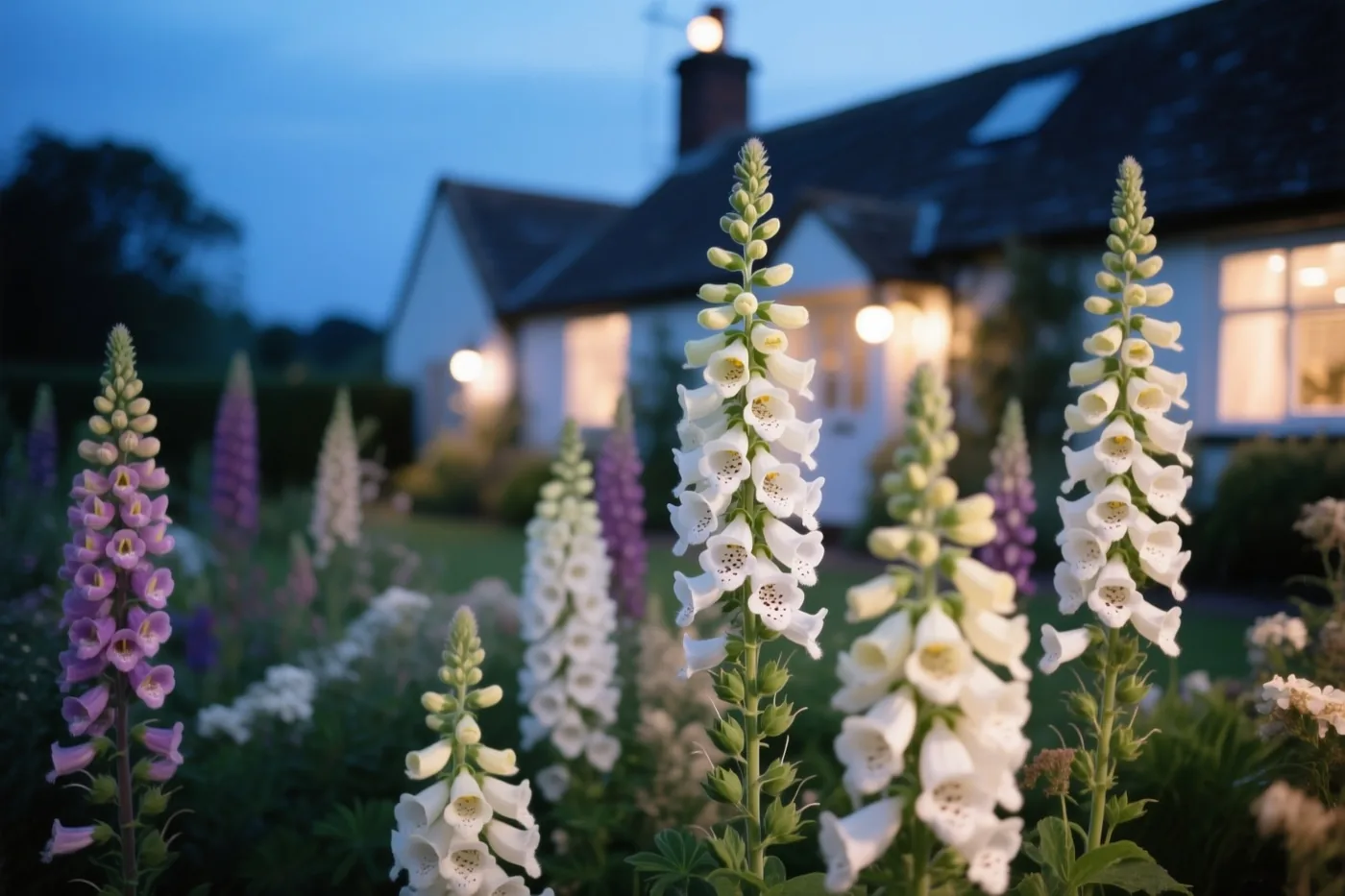 Hoge witte en paarse vingerhoedskruiden en lupinen bloeien bij schemering in een landelijke tuin, met blauw avondlicht en warm licht uit het huis erachter.