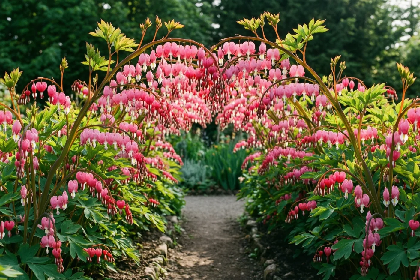 Rijen roze gebroken hartjes buigen als een tunnel over een tuinpad, met zacht zonlicht tussen het groene gebladerte.