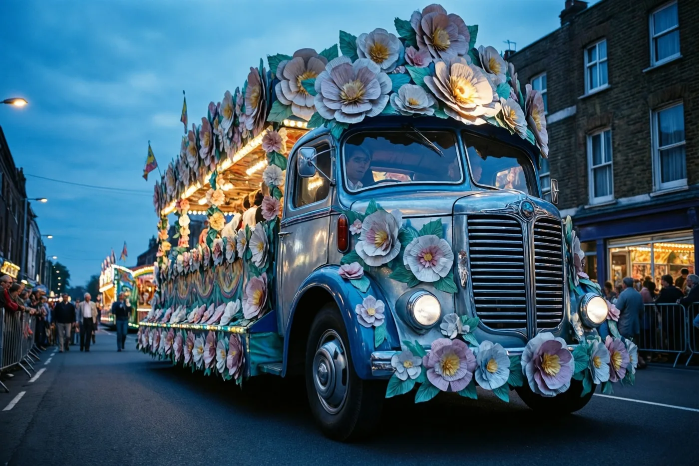 Een vrachtwagen uit de jaren zestig met grote papieren bloemen rijdt in de schemering langs bakstenen gebouwen en toeschouwers, in zachte blauwe en gedempte tinten.