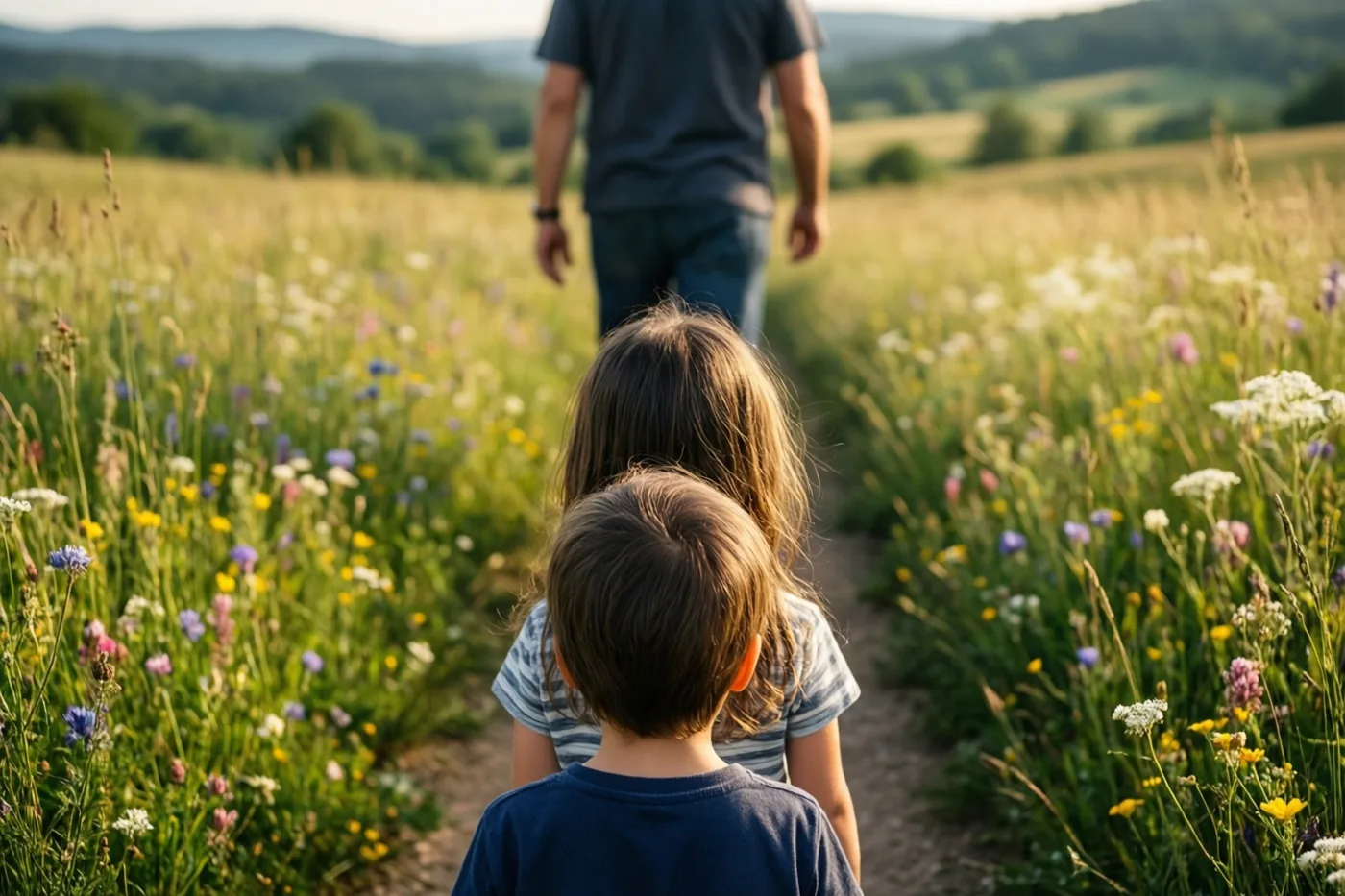 Twee kinderen volgen van achteren gezien een volwassene over een aardeweg door een zonnige weide met kleurrijke wilde bloemen en glooiende heuvels op de achtergrond.