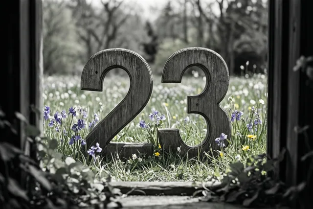Door een raam zijn houten cijfers 23 in een bloemenweide te zien, in een zwart-witbeeld waarin alleen de lentebloemen kleur hebben.