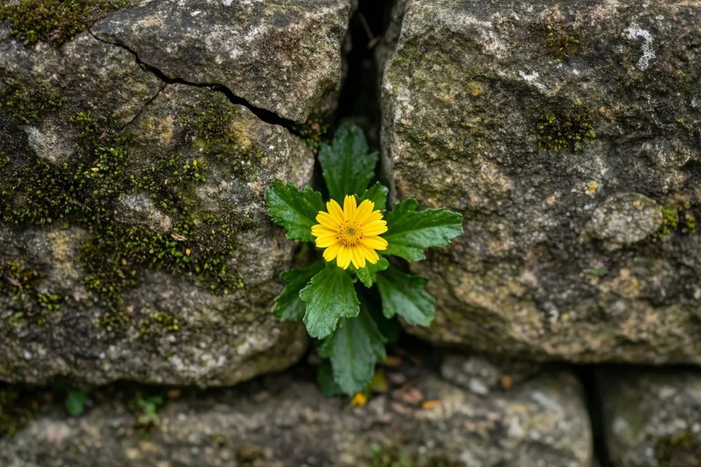 Een klein geel bloemetje met groene blaadjes groeit uit een smalle barst in een verweerde stenen muur in natuurlijk licht.