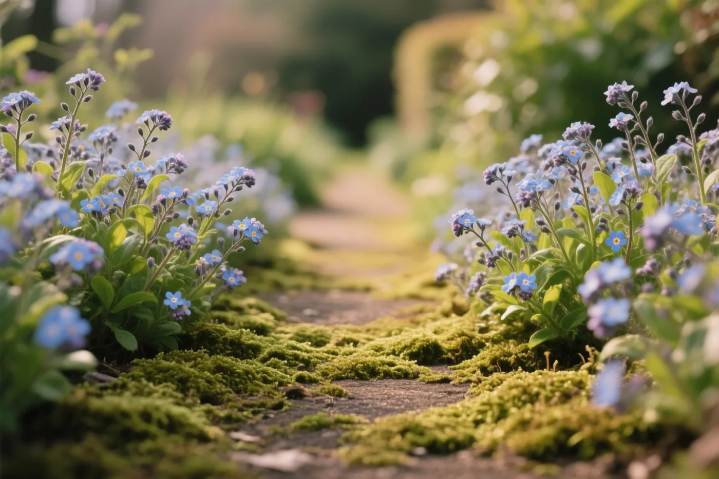 Vergeet-mij-nietjes groeien in groepjes langs een bemost tuinpad in zacht warm licht met blauwe, groene en aardbruine tinten.