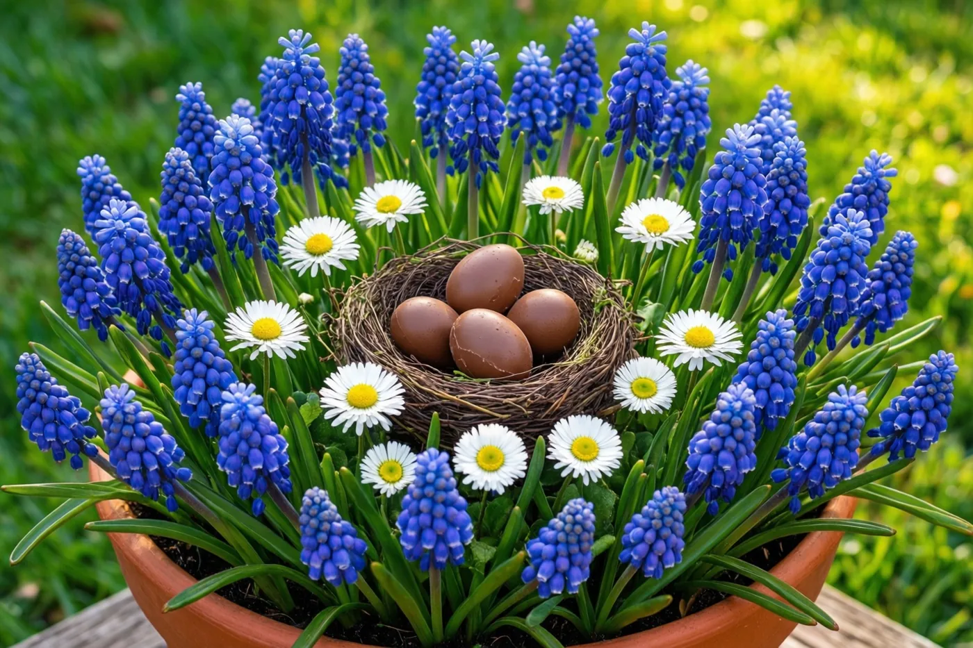 Een terracotta pot met blauwe druifjes en witte madeliefjes bevat in het midden een gevlochten nestje met vier bruine chocolade-eieren en staat buiten op hout met onscherp groen gras op de achtergrond.