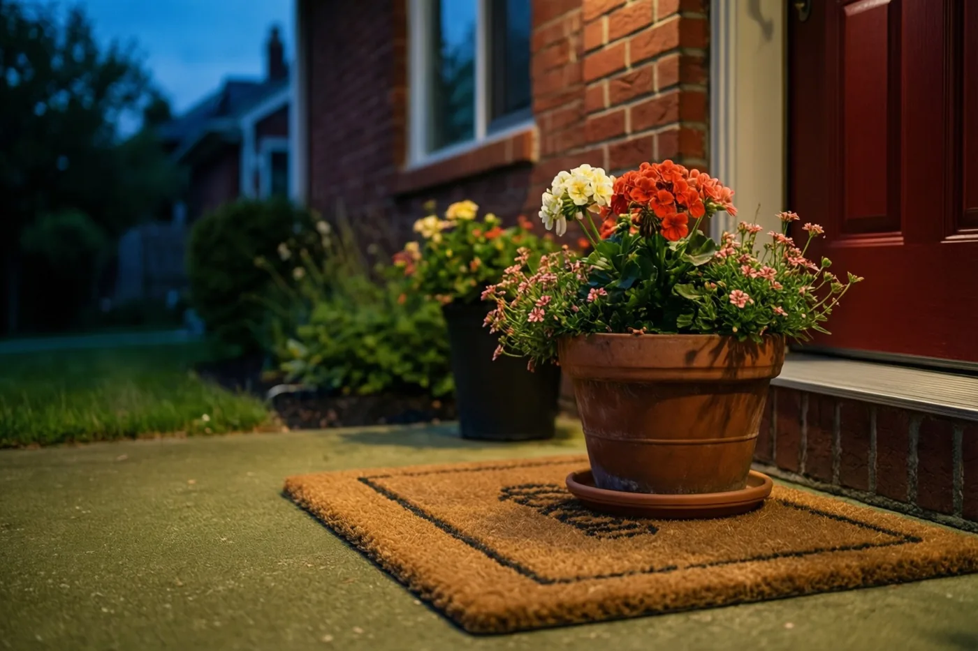 Een terracotta bloempot met rode, witte en roze bloemen staat op een bruine deurmat bij een rood bakstenen huis, met een gazon onder een schemerende hemel.