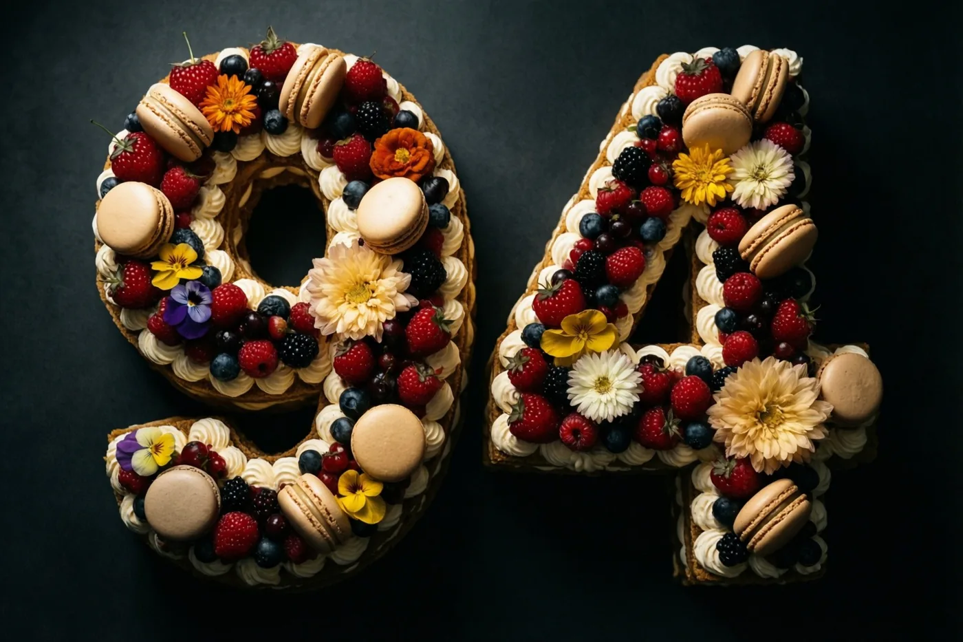 Een taart vormt 94 en is versierd met bessen, macarons en eetbare bloemen in rode, blauwe en crèmekleurige tinten tegen een donkere achtergrond.