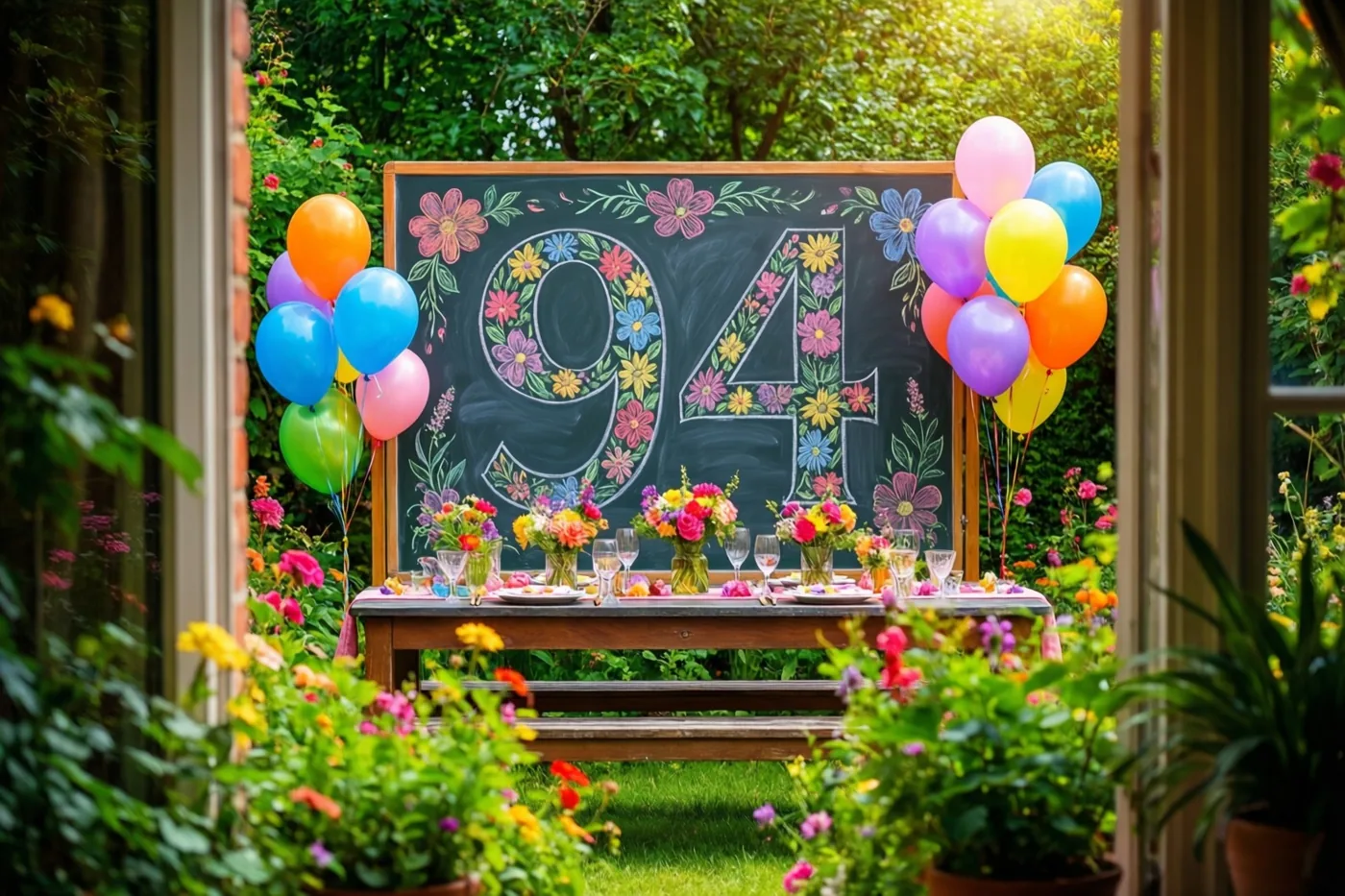 Door een raamkozijn is een feestelijke tuintafel zichtbaar met een krijtbord met 94, kleurrijke bloemen, ballonnen en omringend groen.