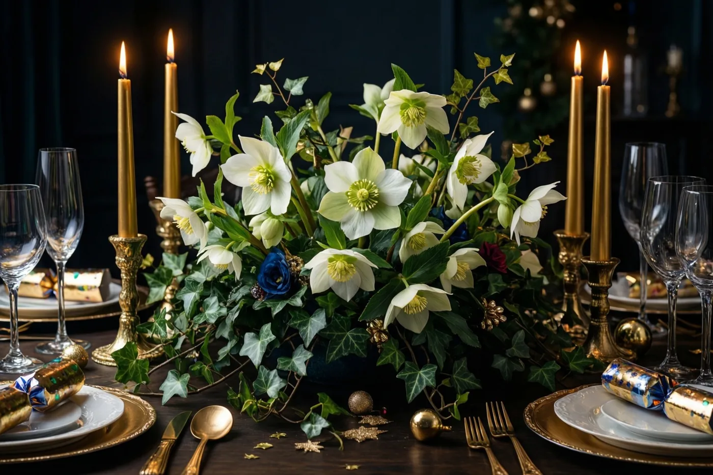 Een oudejaarstafel is gedekt met een bloemstuk van witte kerstrozen en klimop, hoge gouden kaarsen, borden met gouden randen, bestek, wijnglazen en knalbonbons.