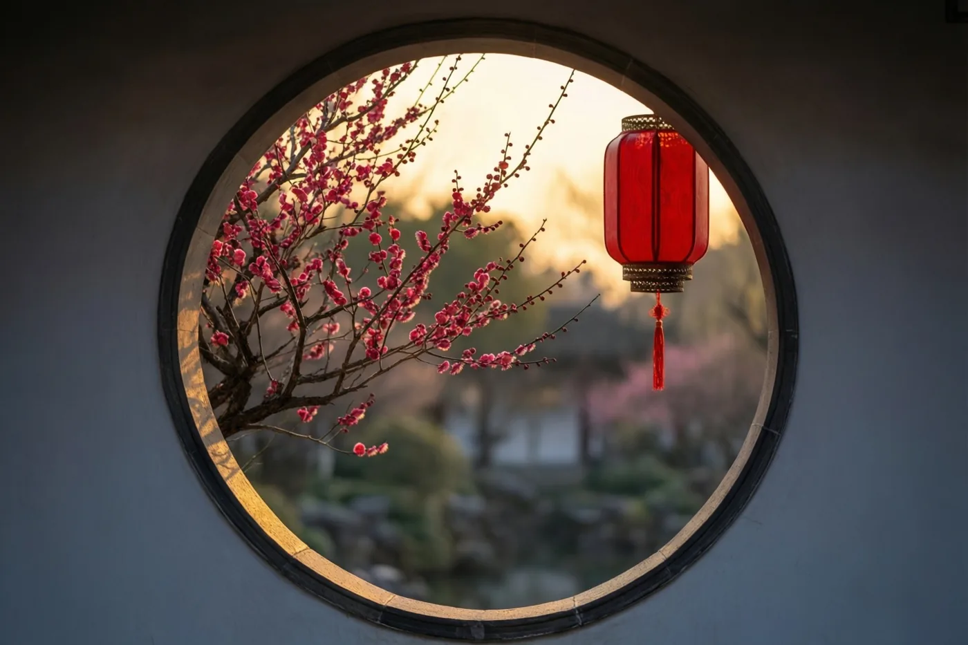 Door een rond raam zijn een tak roze pruimenbloesem en een rode lantaarn te zien tegen een warme zonsondergang in een traditionele tuin.