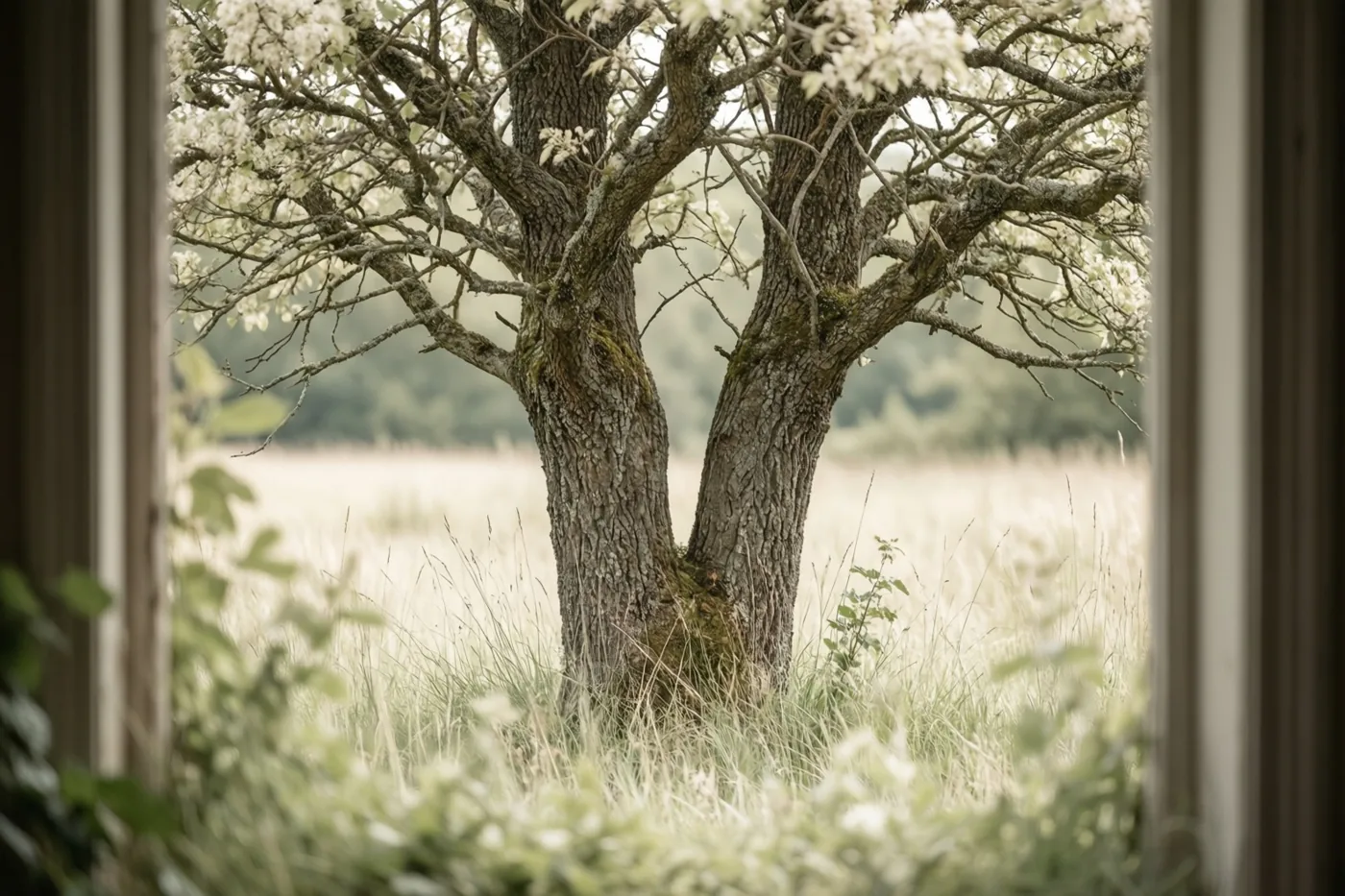 Door een raam zijn twee bomen met verstrengelde stammen en takken vol witte bloesems te zien in een veld met hoog gras.