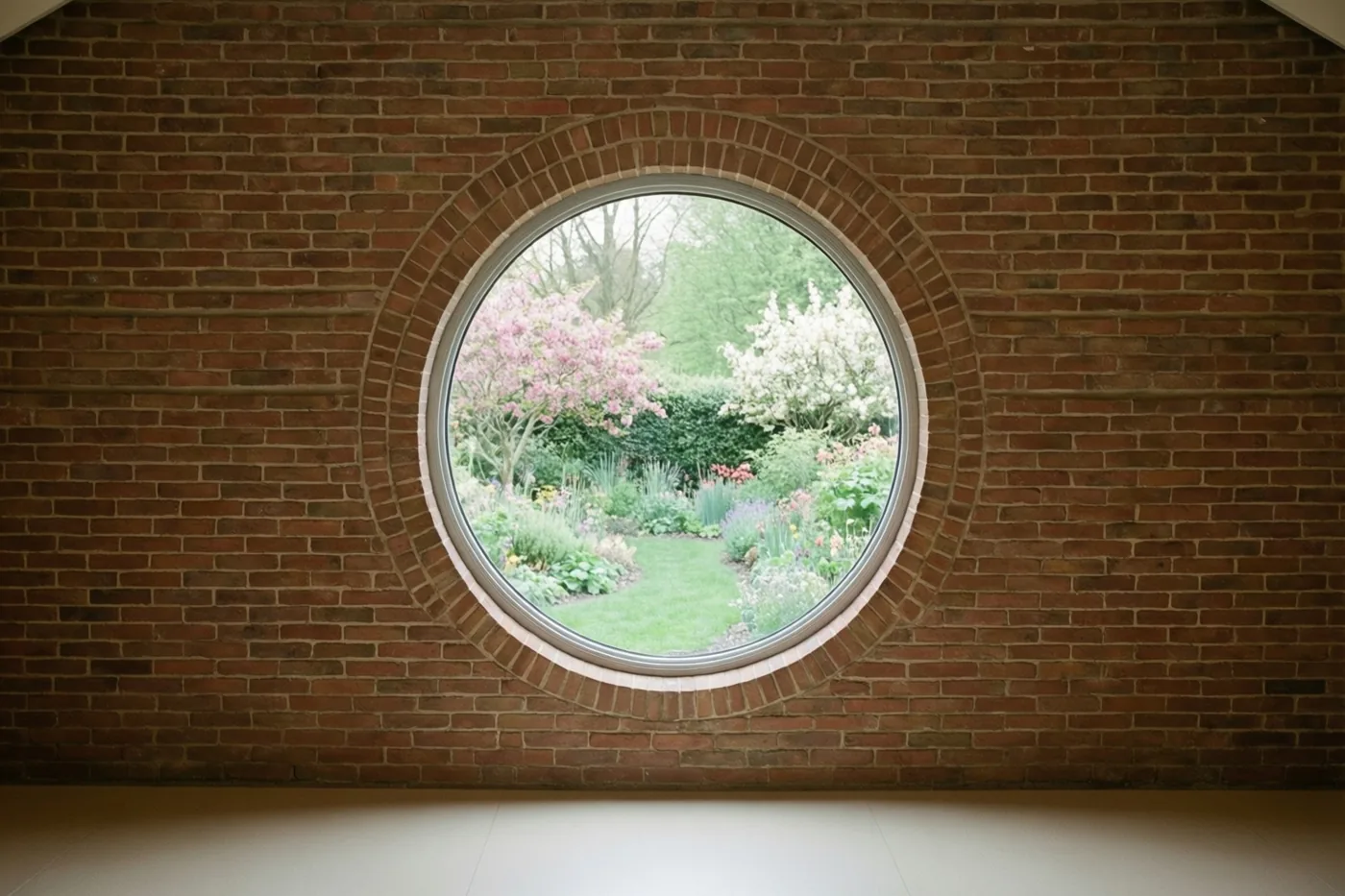 Een rond raam in een rode bakstenen muur biedt uitzicht op een groene tuin met roze en wit bloeiende bomen.