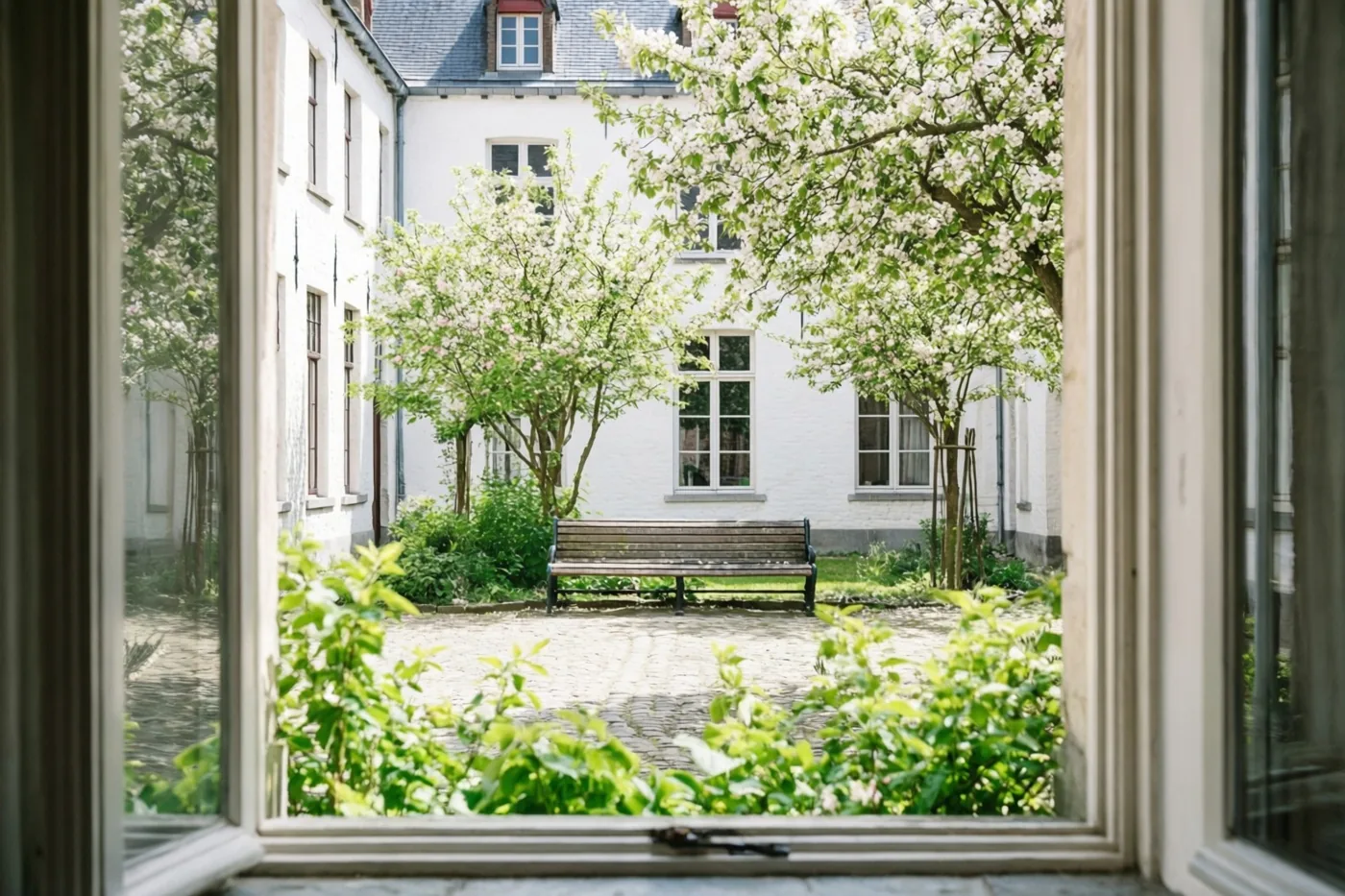 Door een raam is een rustige binnenplaats te zien met een houten bank tussen bloeiende bomen, in zacht daglicht en witte, groene en grijze tinten.