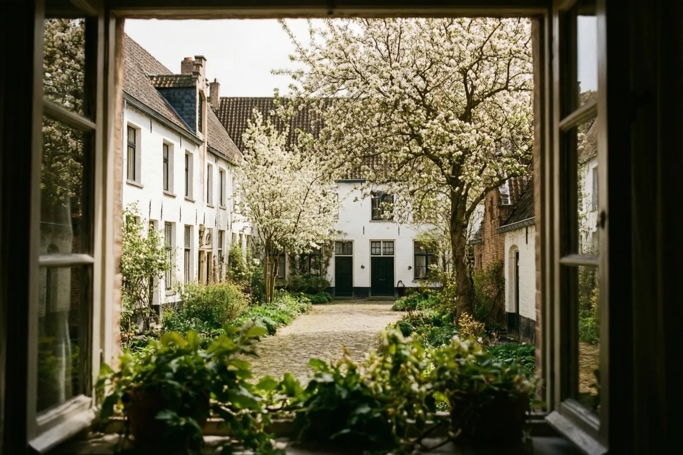 Een open raam biedt uitzicht op een rustige binnenplaats met witte huizen en bloeiende bomen in zacht natuurlijk licht.