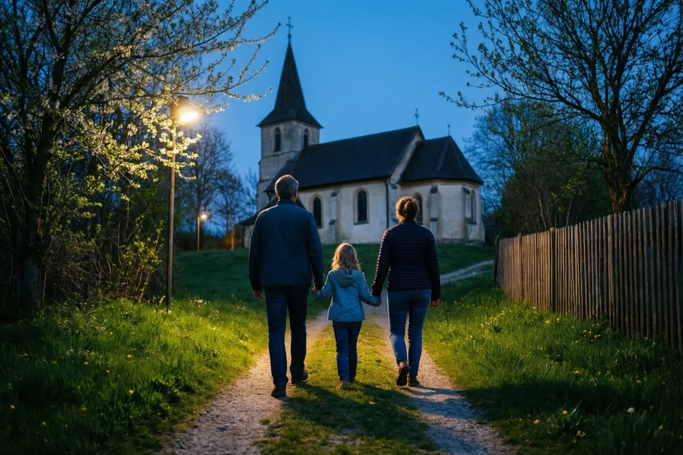 Een gezin van drie loopt van de camera weg over een graspad naar een dorpskerk in blauwe schemering, terwijl een straatlamp het pad en de bloeiende bomen geel verlicht.