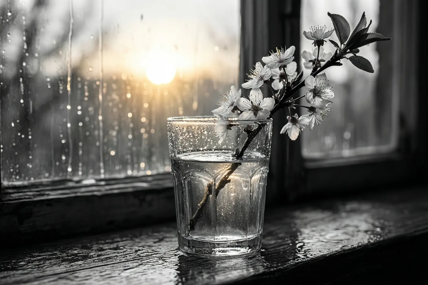 Een glas water met een takje witte bloesems staat op een natte vensterbank voor glas met regenstrepen, in een monochroom beeld met een warmgele gloed van de opkomende zon.