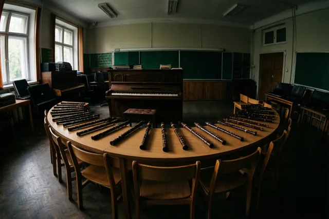 In een schemerig muzieklokaal staan een grote houten tafel met blokfluiten in een halve cirkel, bijpassende stoelen en een staande piano, met ramen en een groen krijtbord erachter.