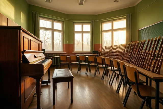 In een muzieklokaal met groene muren en een houten vloer staan een staande piano links, een lange rij blokfluiten op een tafel en stoelen in een halve cirkel in warm raamlicht.
