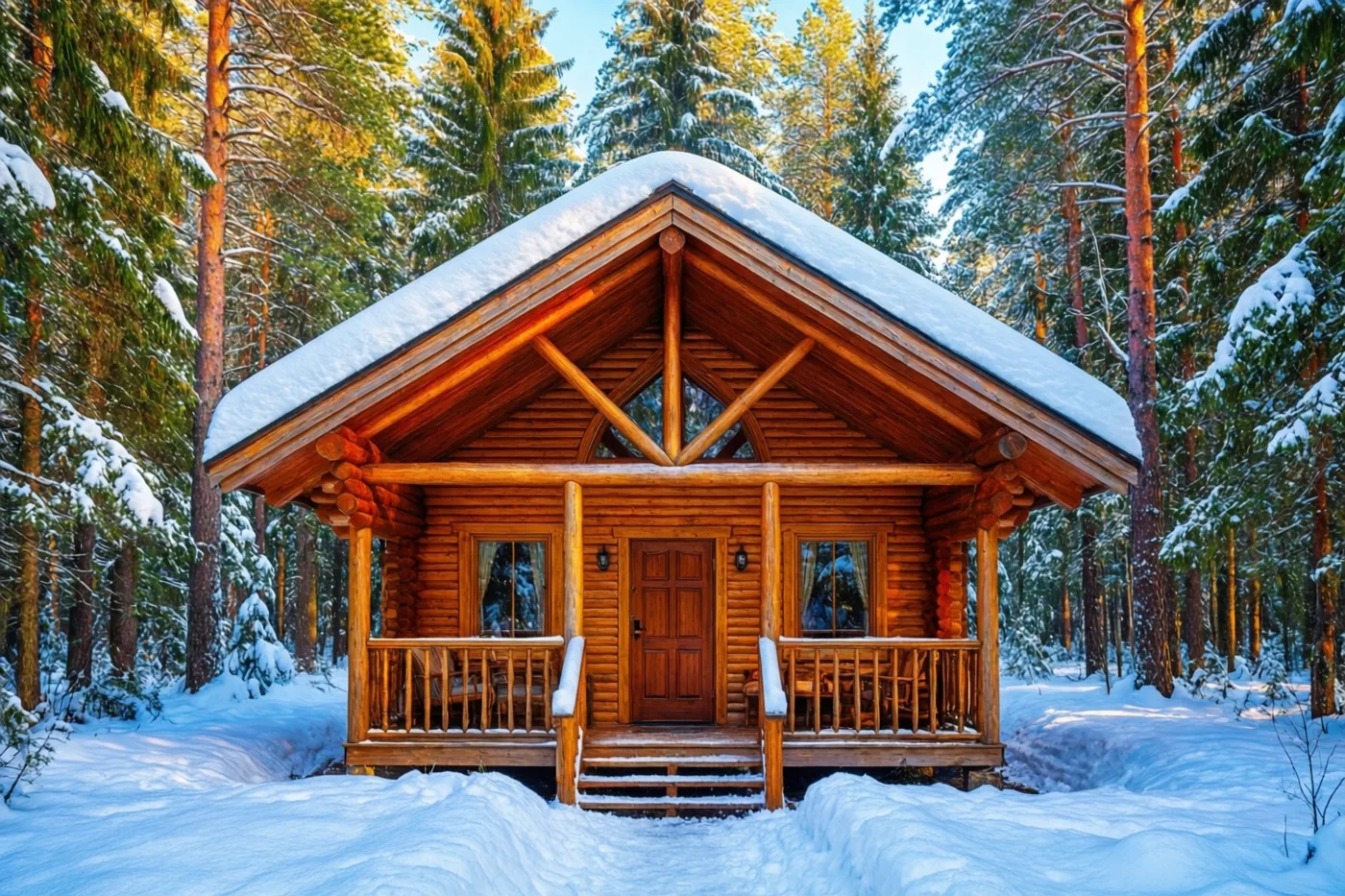 Een houten blokhut met een besneeuwd dak en veranda staat in een dicht besneeuwd bos in warm goudkleurig licht.