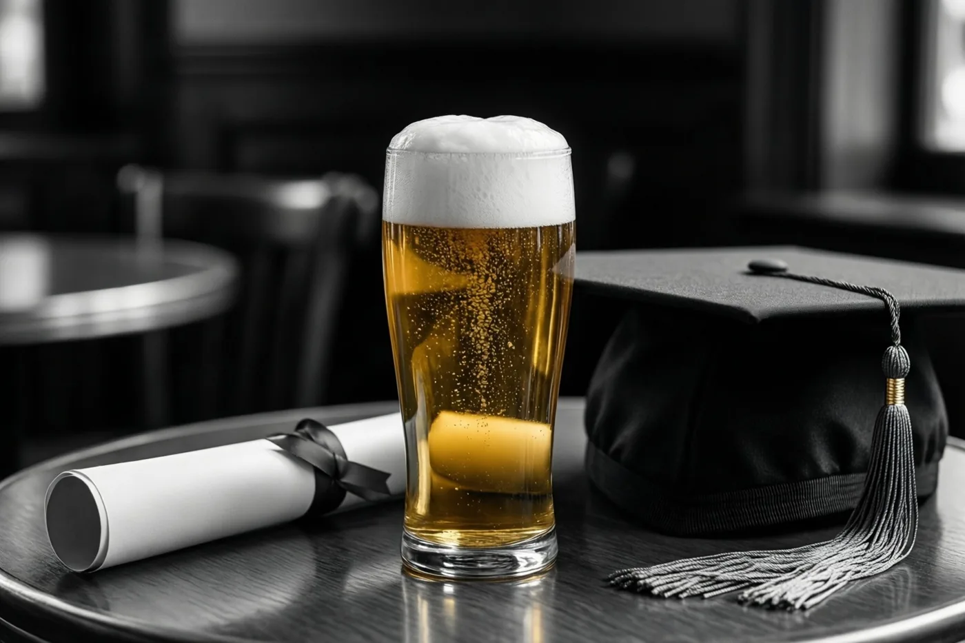 Een glas blond bier met een dikke witte schuimkraag staat op een donkere houten cafétafel naast een afstudeerhoedje en een opgerold diploma met een zwart lint, waarbij bier en tafel warme kleuren hebben tegen een monochrome achtergrond.