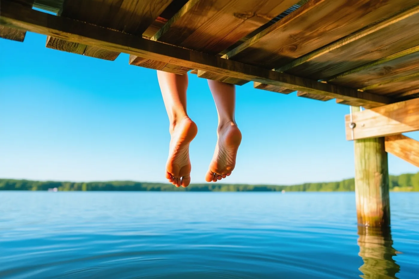 Blote voeten hangen onder een houten steiger boven een rustig blauw meer onder een heldere hemel.