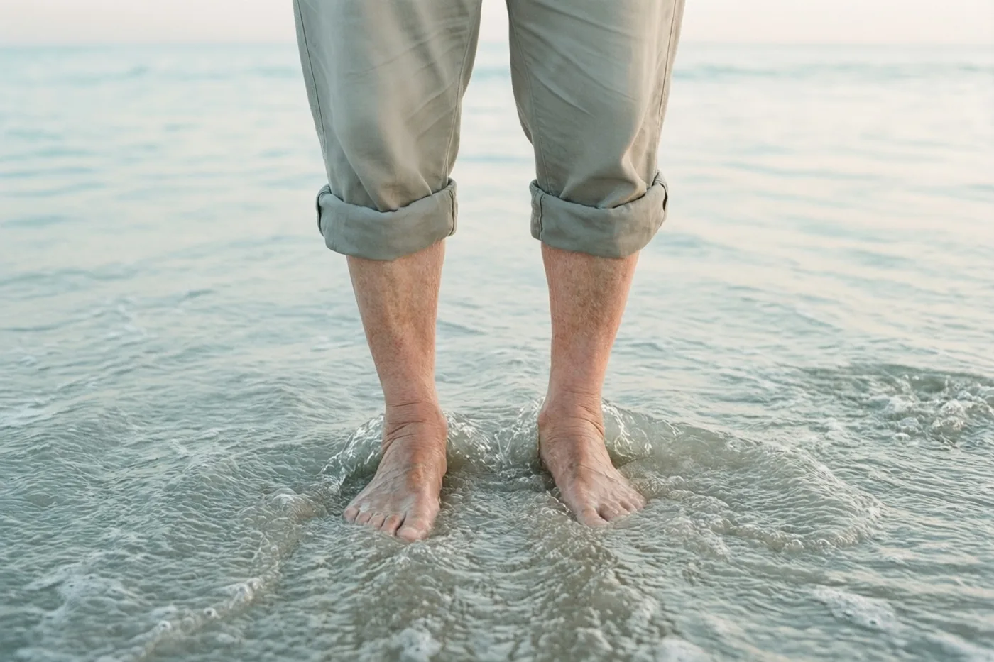 De blote voeten van een oudere persoon staan in ondiep zeewater met zachte golven, in gedempte grijze, beige en blauwe tinten bij schemerlicht.