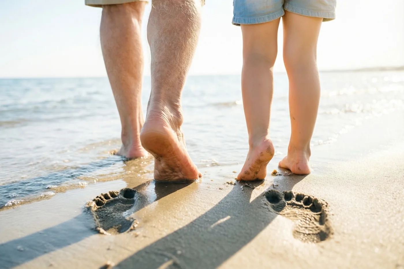 De blote voeten van een volwassene en een kind lopen naast elkaar over een nat strand, met zichtbare voetafdrukken bij de waterlijn in fel zonlicht.