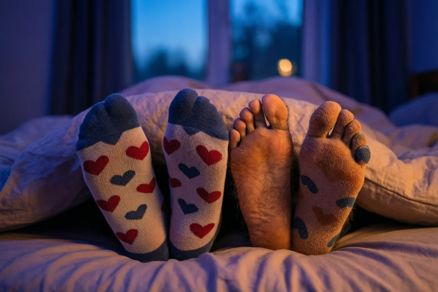 Twee paar voeten steken onder een dekbed uit, een paar met hartjessokken en een bloot en behaard paar, in een donkere slaapkamer met blauwe en warme tinten.