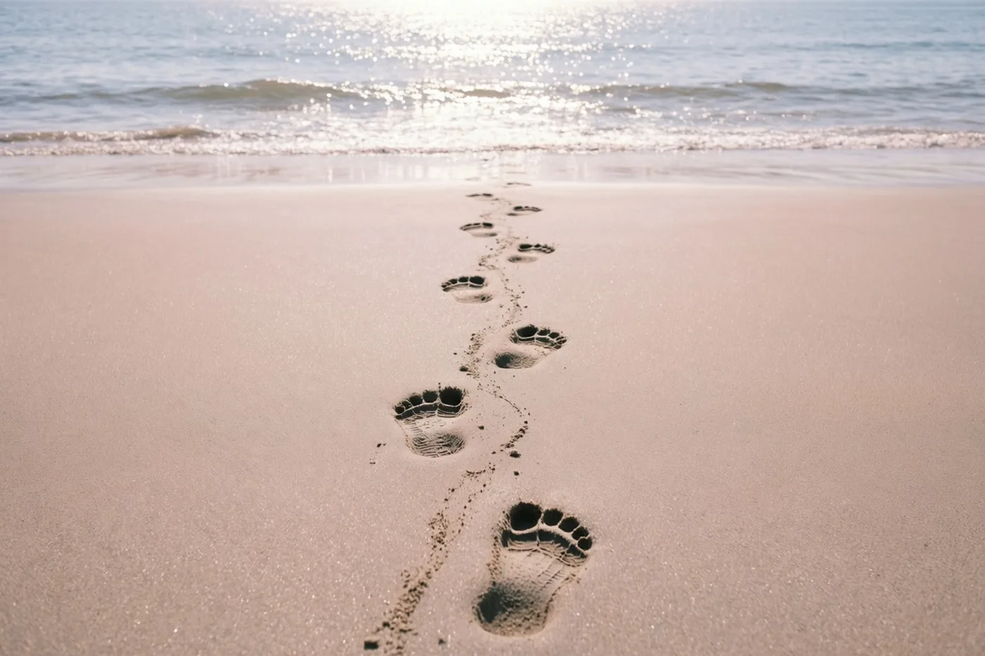 Een spoor van blote voeten loopt bij laagwater door nat zand naar de glinsterende zee, in warm en zacht licht.
