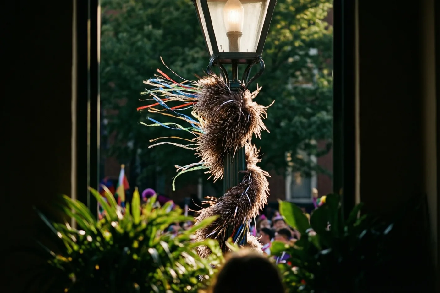 Door een raam is een verenboa met kleurrijke linten te zien die aan een brandende straatlantaarn wappert, met groen op de voorgrond en een onscherpe menigte erachter.
