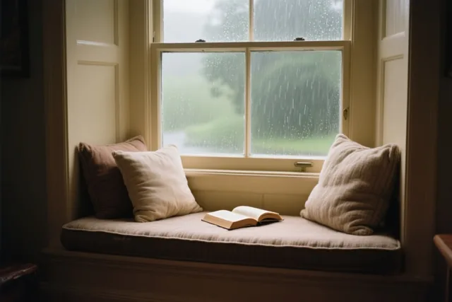 Een zitbank bij het raam met kussens en een open boek staat onder een ruit waar regen langs loopt, in warm beige, crème en bruin licht.